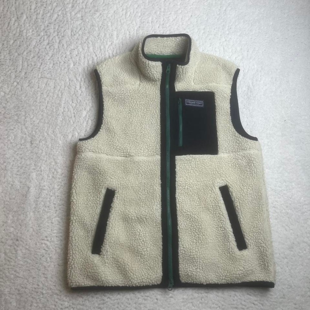 Vineyard vines supershep men cream deep pile fleece lined full zip vest preppy M